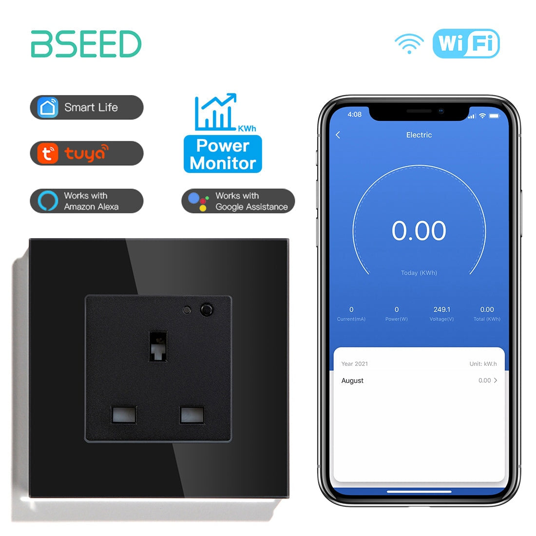 BSEED Smart WiFi UK Standards Wall Sockets with Metering Power Outlets & Sockets Bseedswitch black Signle 