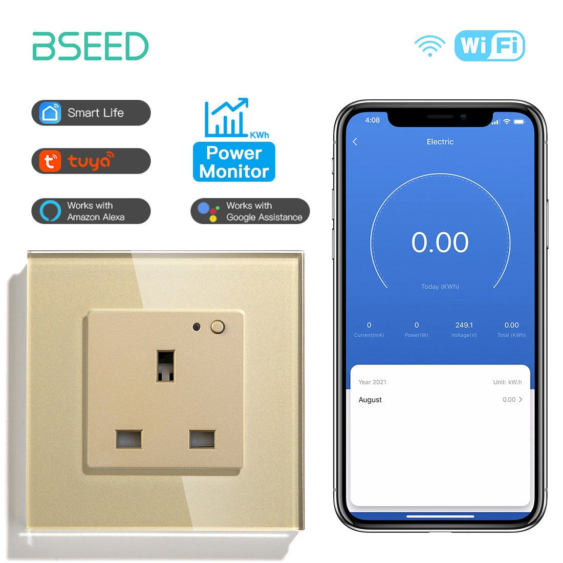 BSEED Smart WiFi UK Standards Wall Sockets with Metering Power Outlets & Sockets Bseedswitch golden Signle 