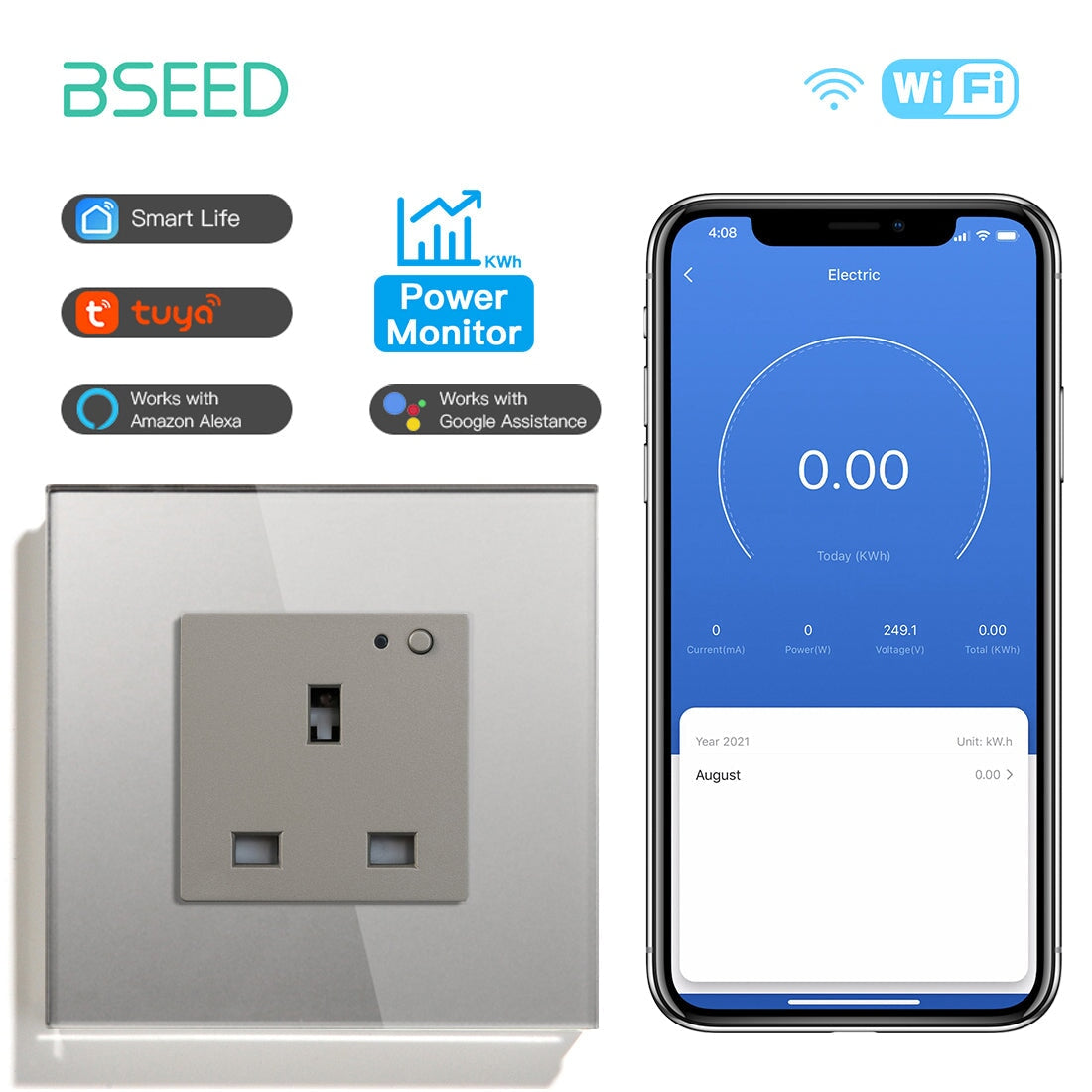 BSEED Smart WiFi UK Standards Wall Sockets with Metering Power Outlets & Sockets Bseedswitch grey Signle 