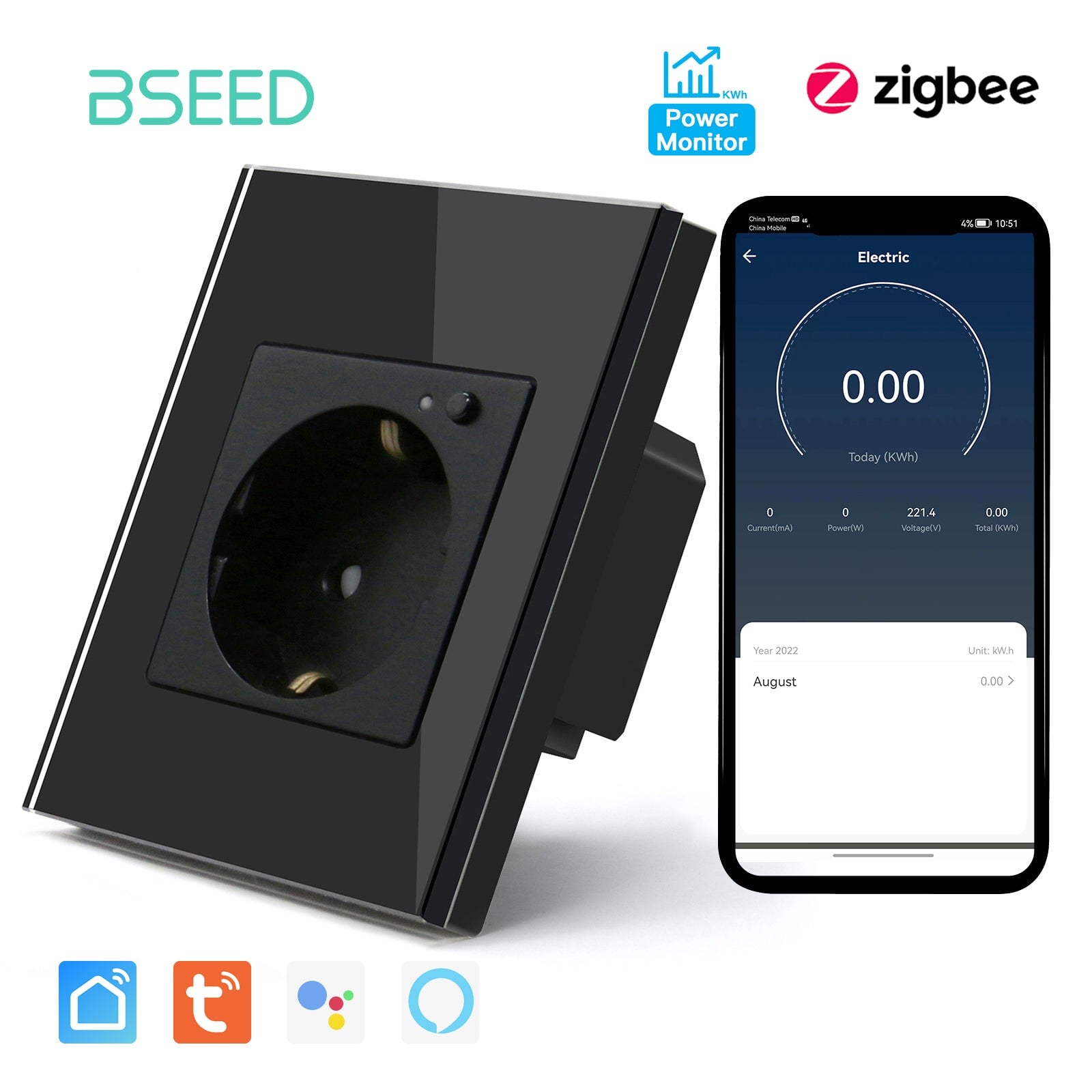 BSEED ZigBee EU Wall Sockets Power Outlets With Energy Monitoring Kids Protection Wall Plates & Covers Bseedswitch black Signle 