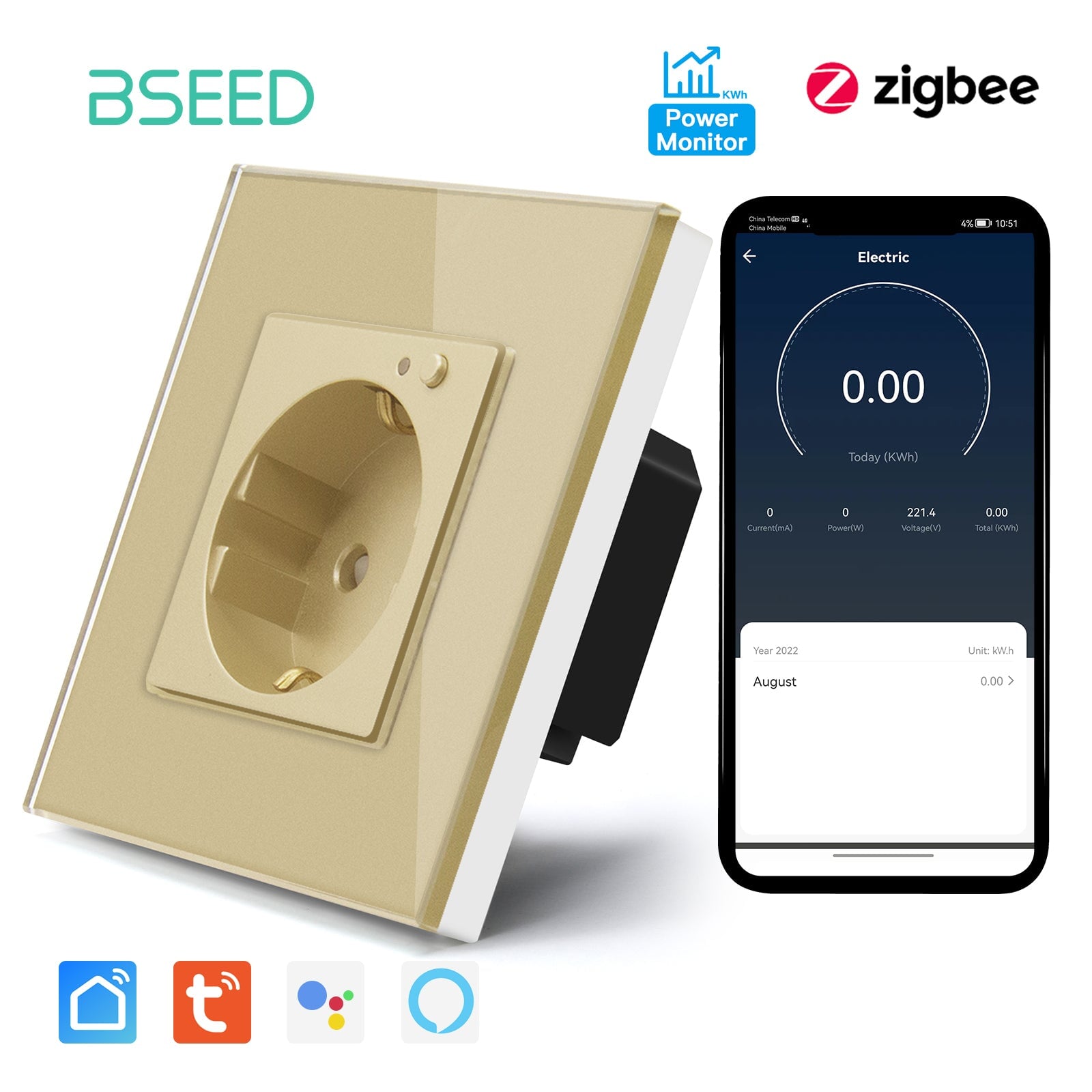 BSEED ZigBee EU Wall Sockets Power Outlets With Energy Monitoring Kids Protection Wall Plates & Covers Bseedswitch golden Signle 