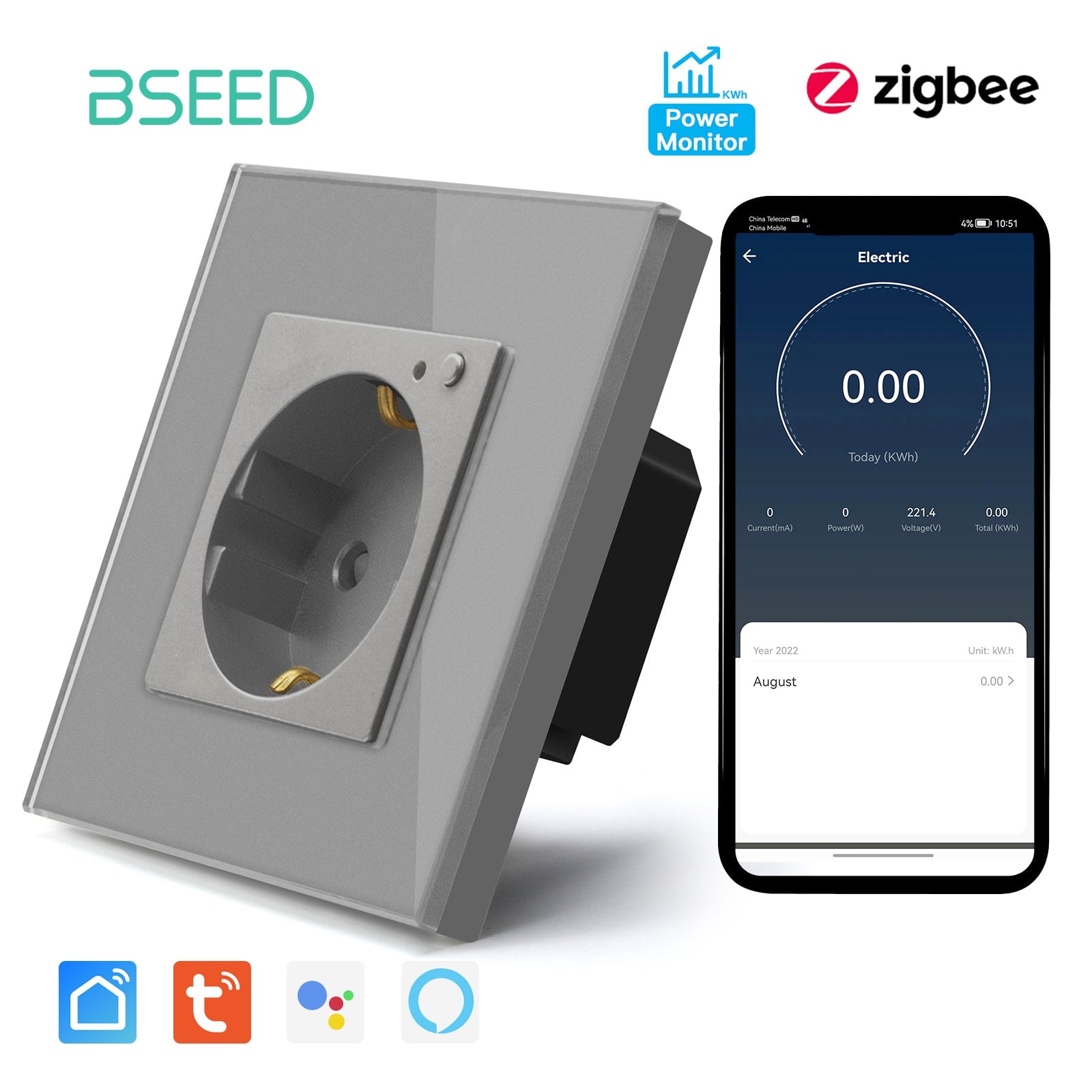 BSEED ZigBee EU Wall Sockets Power Outlets With Energy Monitoring Kids Protection Wall Plates & Covers Bseedswitch grey Signle 