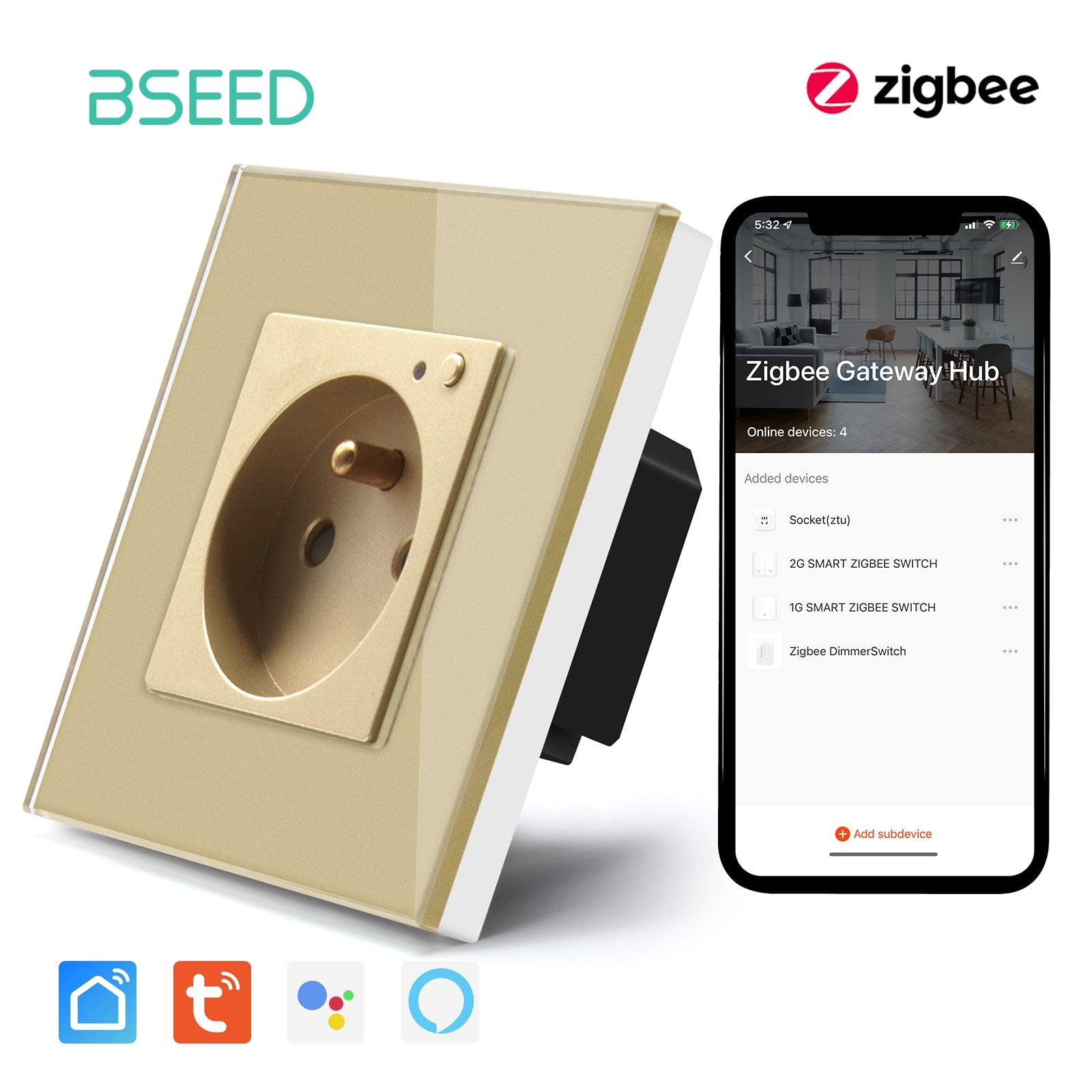 BSEED ZigBee FR Wall Sockets Power Outlets Kids Protection Wall Plates & Covers Bseedswitch golden Signle 