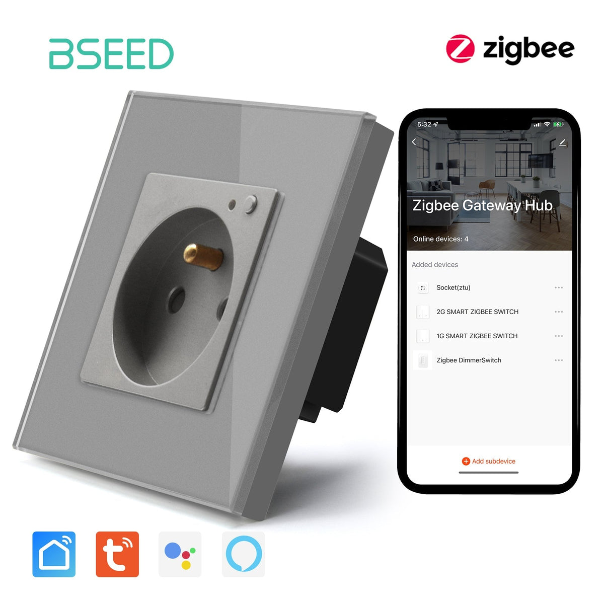 BSEED ZigBee FR Wall Sockets Power Outlets Kids Protection Wall Plates & Covers Bseedswitch grey Signle 