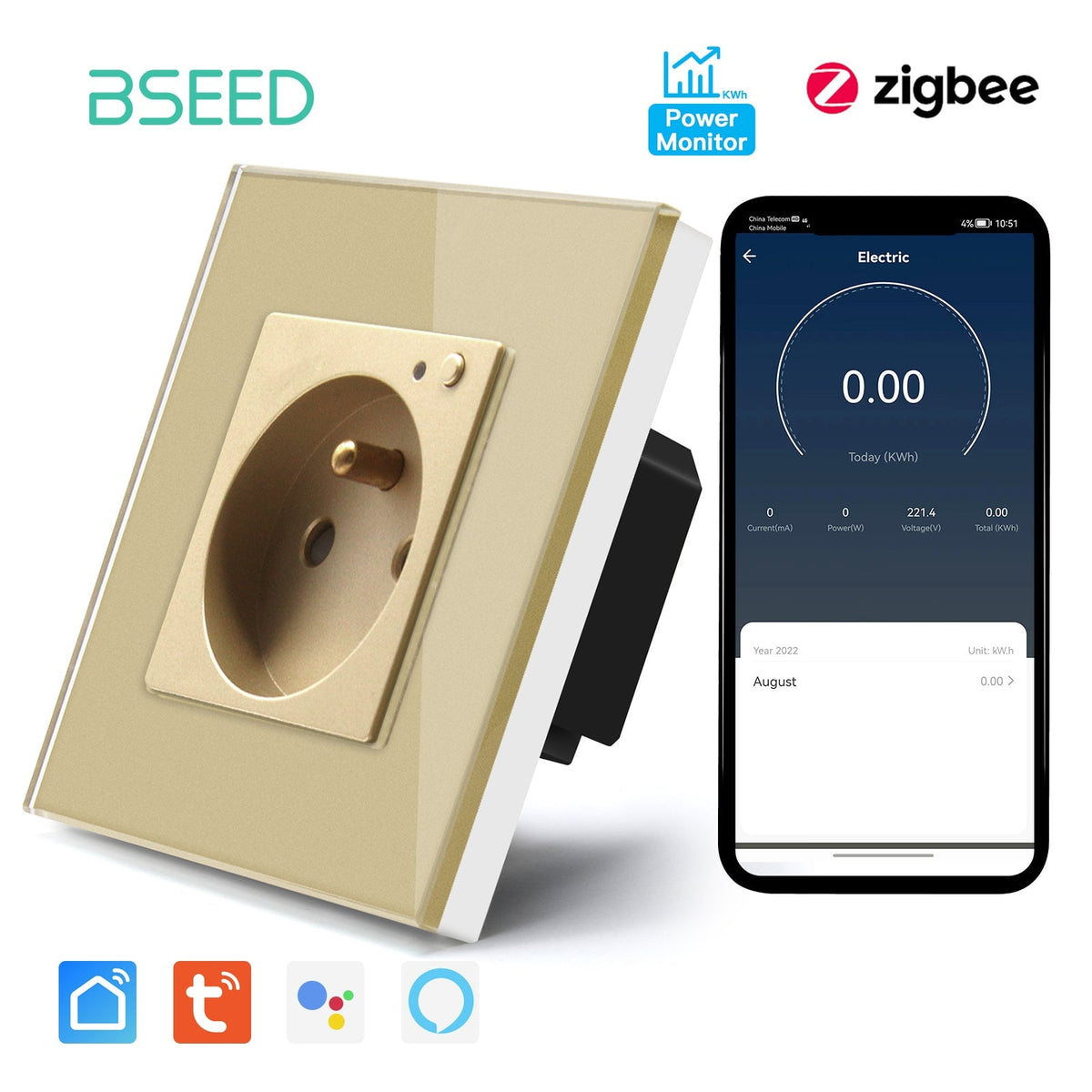 BSEED ZigBee FR Wall Sockets Power Outlets Kids Protection with metering Wall Plates & Covers Bseedswitch golden Signle 