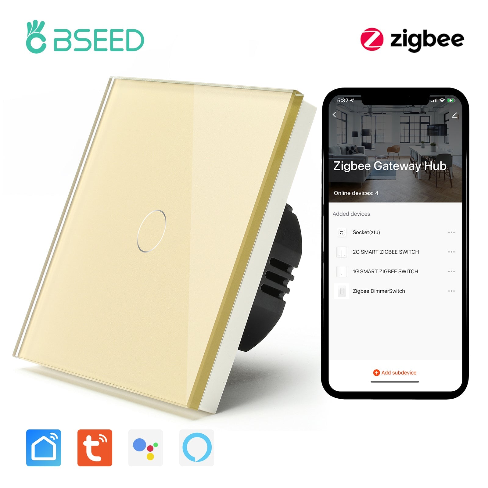 BSEED Zigbee Single Live Line Switch 1/2/3 Gang 1/2/3 Way Wall Smart Light Switch Single Live Line 1/2/3 pack Light Switches Bseedswitch Golden 1Gang 1 Pcs/Pack