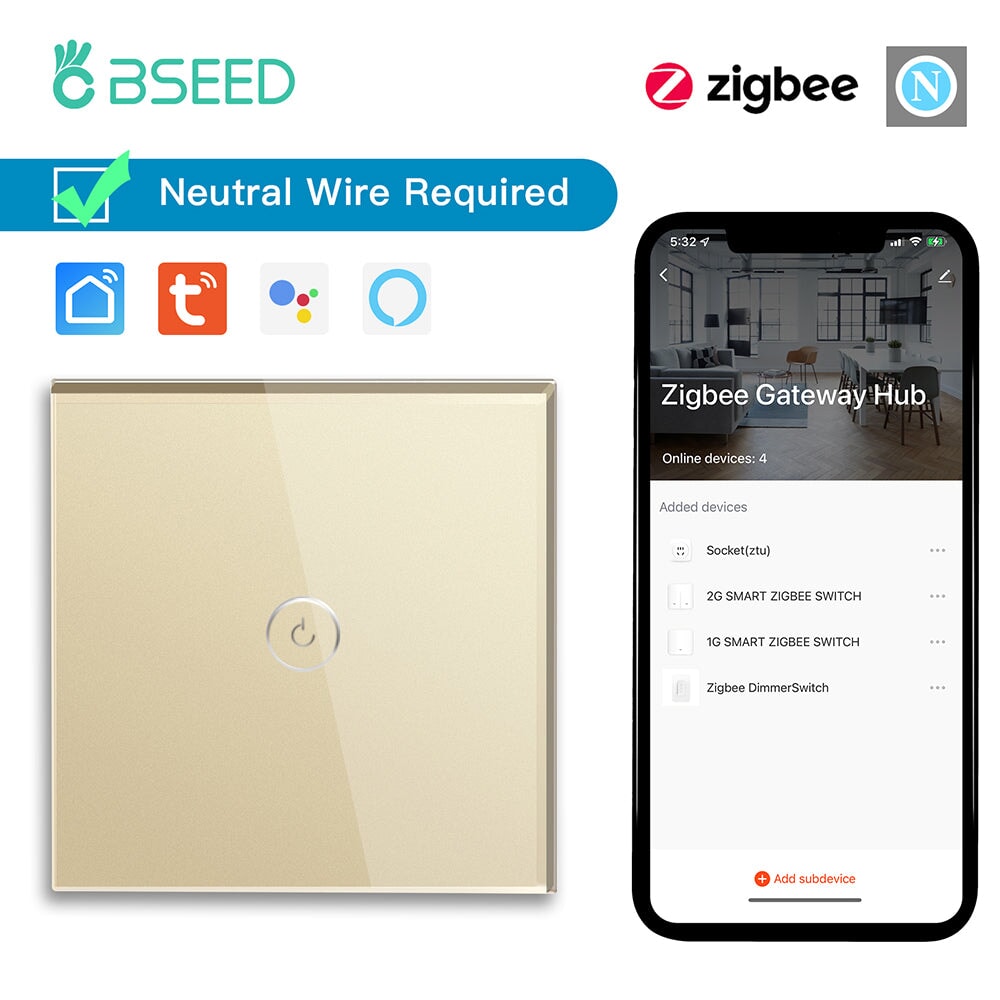 BSEED Zigbee 1/2/3/4 Gang 1/2/3 Way Switch Wall Smart Light Switch For Staircase Light Switches Bseedswitch Golden 1gang 