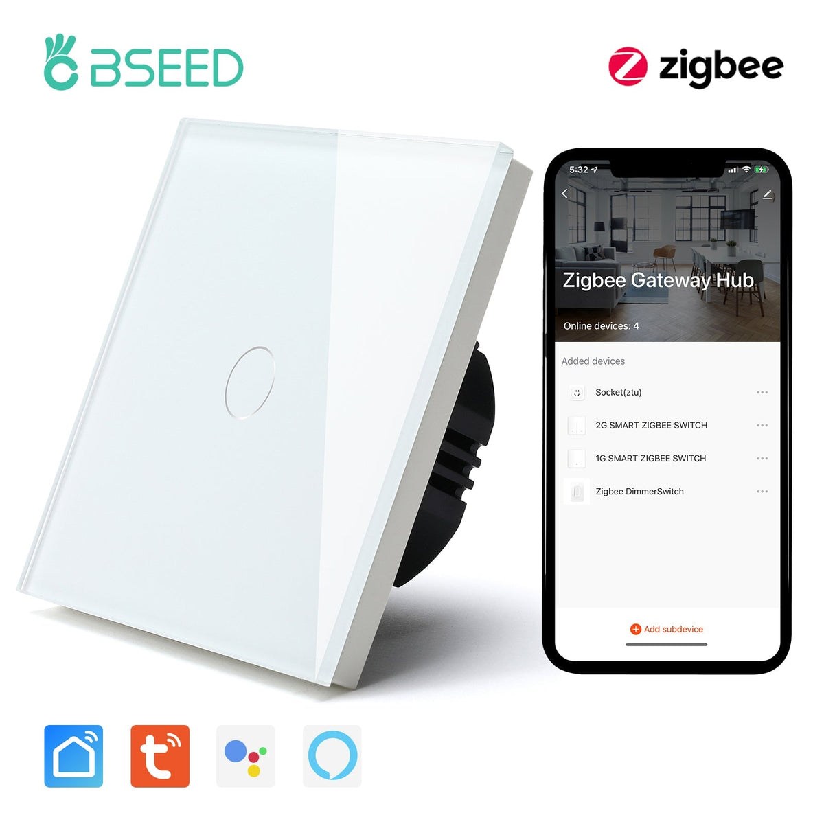 BSEED Zigbee Single Live Line Switch 1/2/3 Gang 1/2/3 Way Wall Smart Light Switch Single Live Line 1/2/3 pack Light Switches Bseedswitch White 1Gang 1 Pcs/Pack