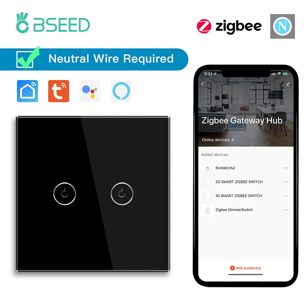 BSEED Zigbee 1/2/3/4 Gang 1/2/3 Way Switch Wall Smart Light Switch For Staircase Light Switches Bseedswitch Black 2gang 