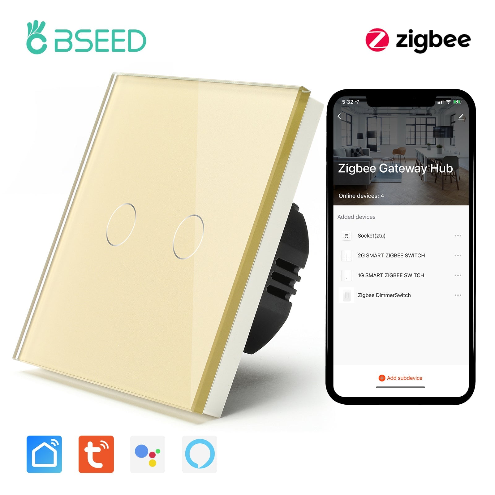 BSEED Zigbee Single Live Line Switch 1/2/3 Gang 1/2/3 Way Wall Smart Light Switch Single Live Line 1/2/3 pack Light Switches Bseedswitch Golden 2Gang 1 Pcs/Pack
