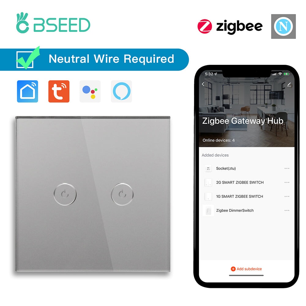 BSEED Zigbee 1/2/3/4 Gang 1/2/3 Way Switch Wall Smart Light Switch For Staircase Light Switches Bseedswitch Grey 2gang 