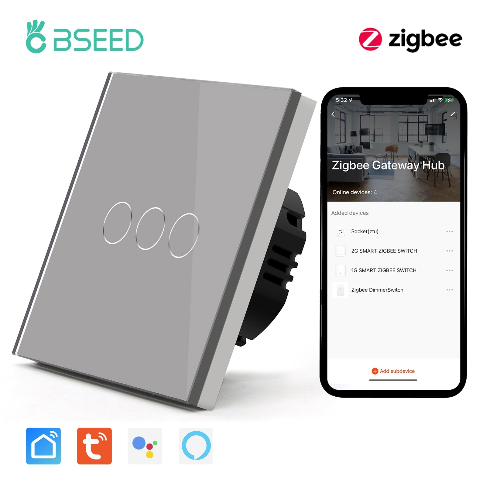 BSEED Zigbee Single Live Line Switch 1/2/3 Gang 1/2/3 Way Wall Smart Light Switch Single Live Line 1/2/3 pack Light Switches Bseedswitch Grey 3Gang 1 Pcs/Pack
