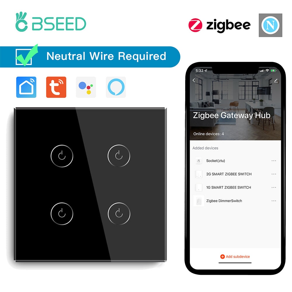 BSEED Zigbee 1/2/3/4 Gang 1/2/3 Way Switch Wall Smart Light Switch For Staircase Light Switches Bseedswitch Black 4Gang 