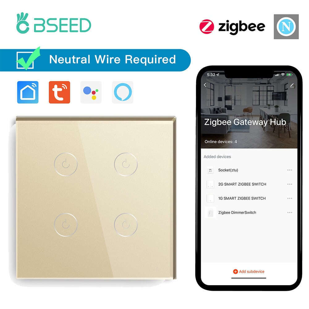 BSEED Zigbee 1/2/3/4 Gang 1/2/3 Way Switch Wall Smart Light Switch For Staircase Light Switches Bseedswitch Golden 4Gang 