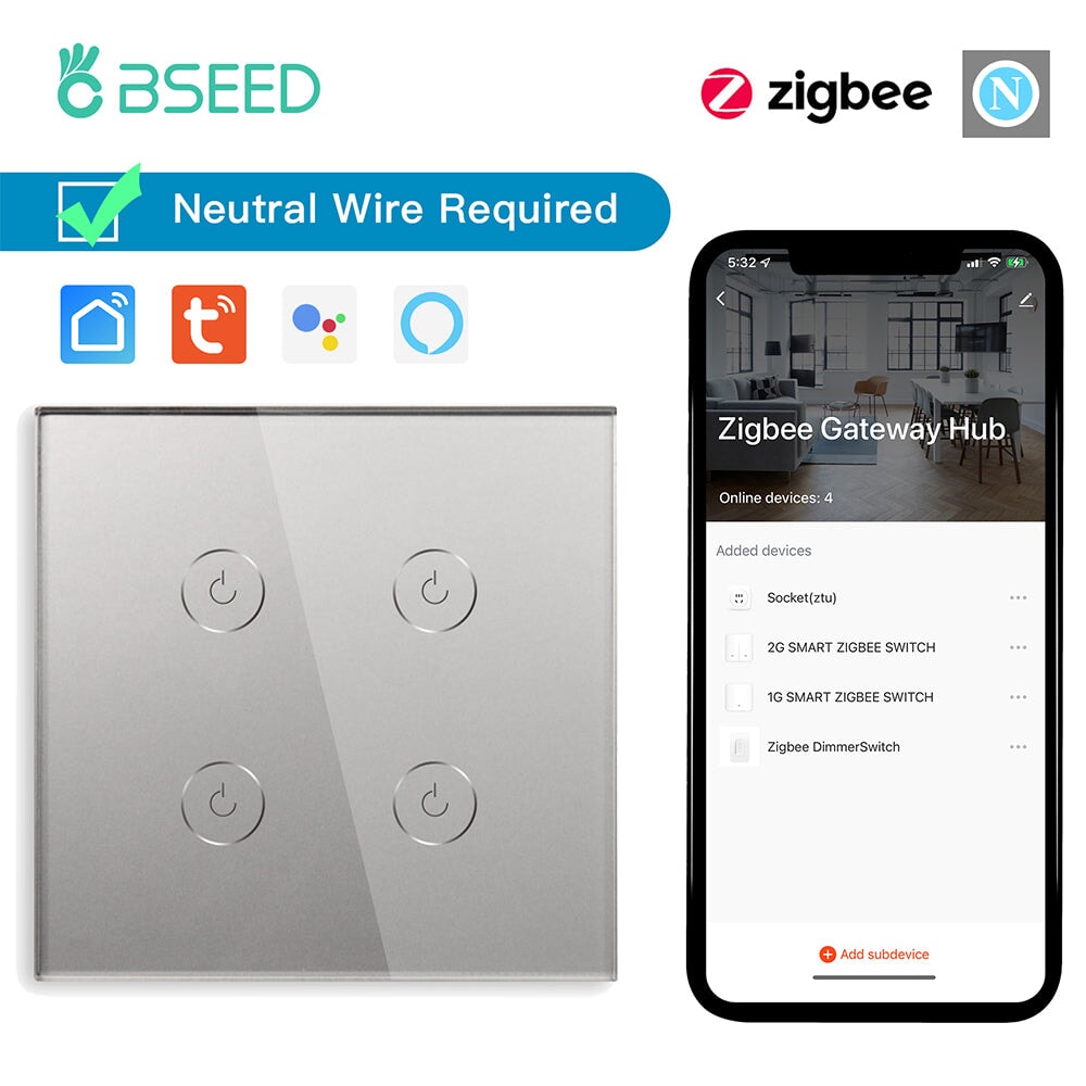 BSEED Zigbee 1/2/3/4 Gang 1/2/3 Way Switch Wall Smart Light Switch For Staircase Light Switches Bseedswitch Grey 4Gang 