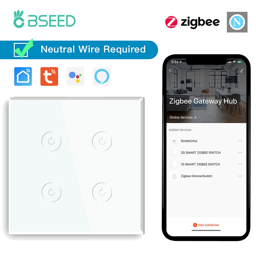 BSEED Zigbee 1/2/3/4 Gang 1/2/3 Way Switch Wall Smart Light Switch For Staircase Light Switches Bseedswitch White 4Gang 