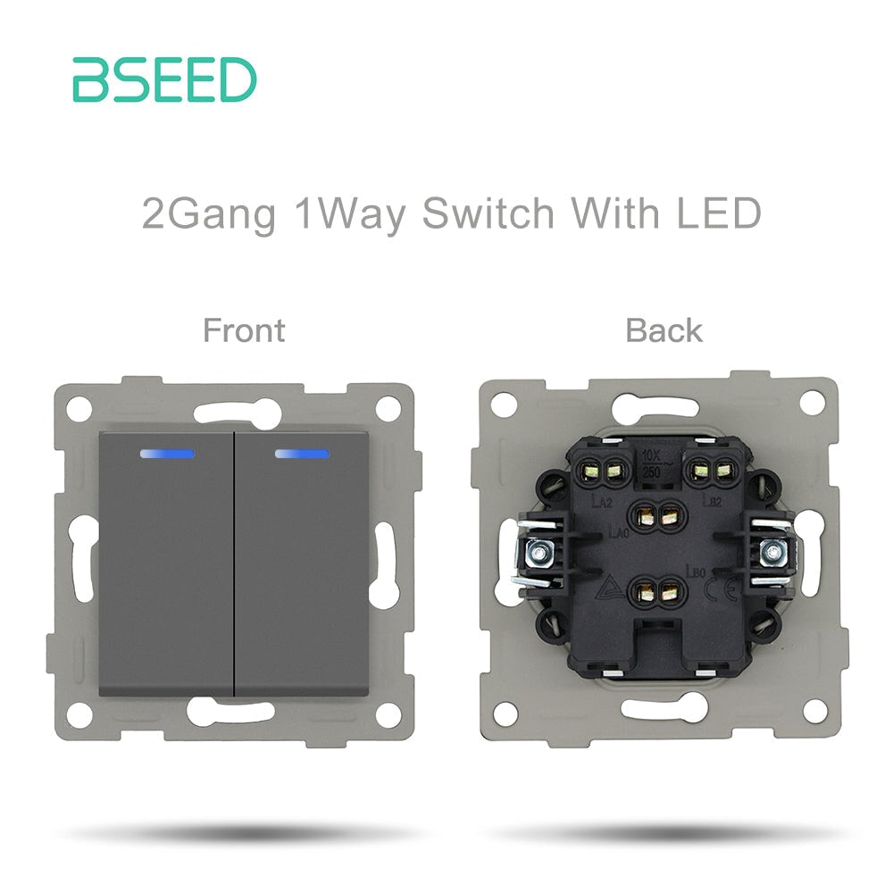 Bseed 1/2 Gang 1/2 Way Button Light Switch Function Key with claws with LED Light Switches Bseedswitch Grey 2Gang 1Way