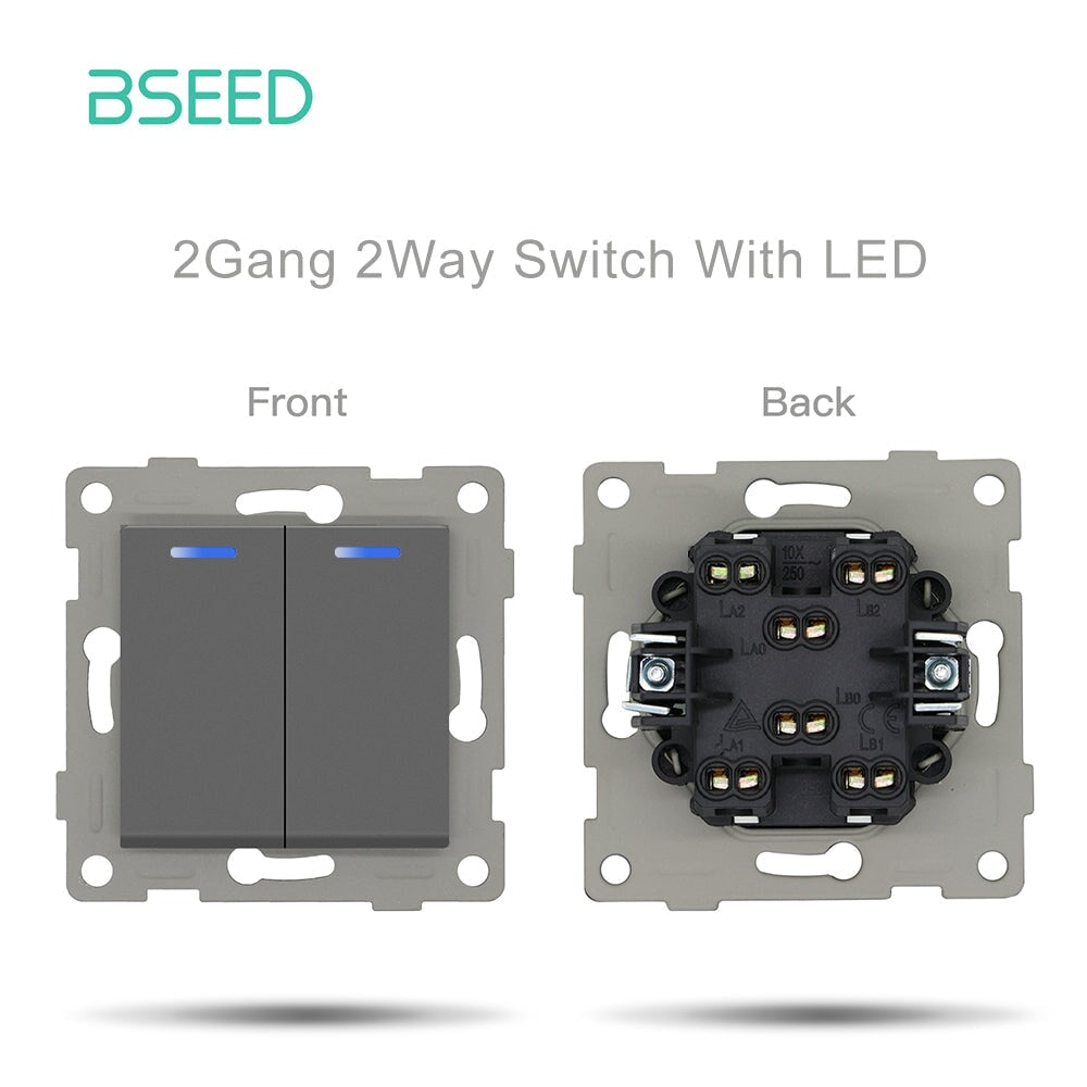 Bseed 1/2 Gang 1/2 Way Button Light Switch Function Key with claws with LED Light Switches Bseedswitch Grey 2Gang 2Way