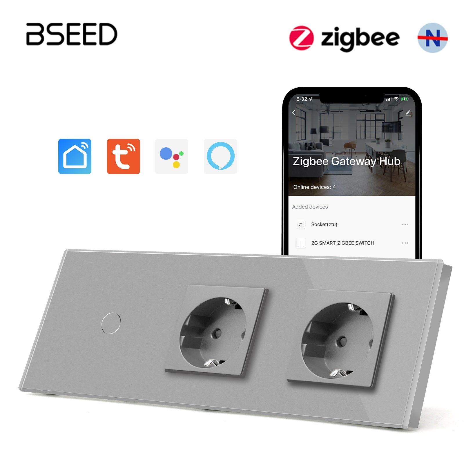 Bseed Zigbee Touch 1/2/3 Gang Light Switches Single Live Line Multi Control With Double EU Standard Not Smart Wall Sockets Light Switches Bseedswitch Grey 1Gang 