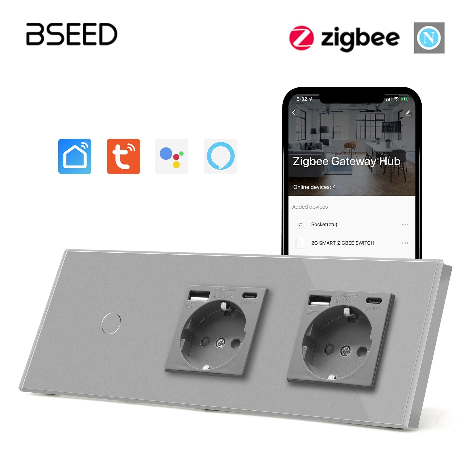 Bseed Zigbee 1/2/3 Gang Light Switches With Normal Double EU Standard Wall Sockets with USB-C Switch Bseedswitch Grey 1Gang 