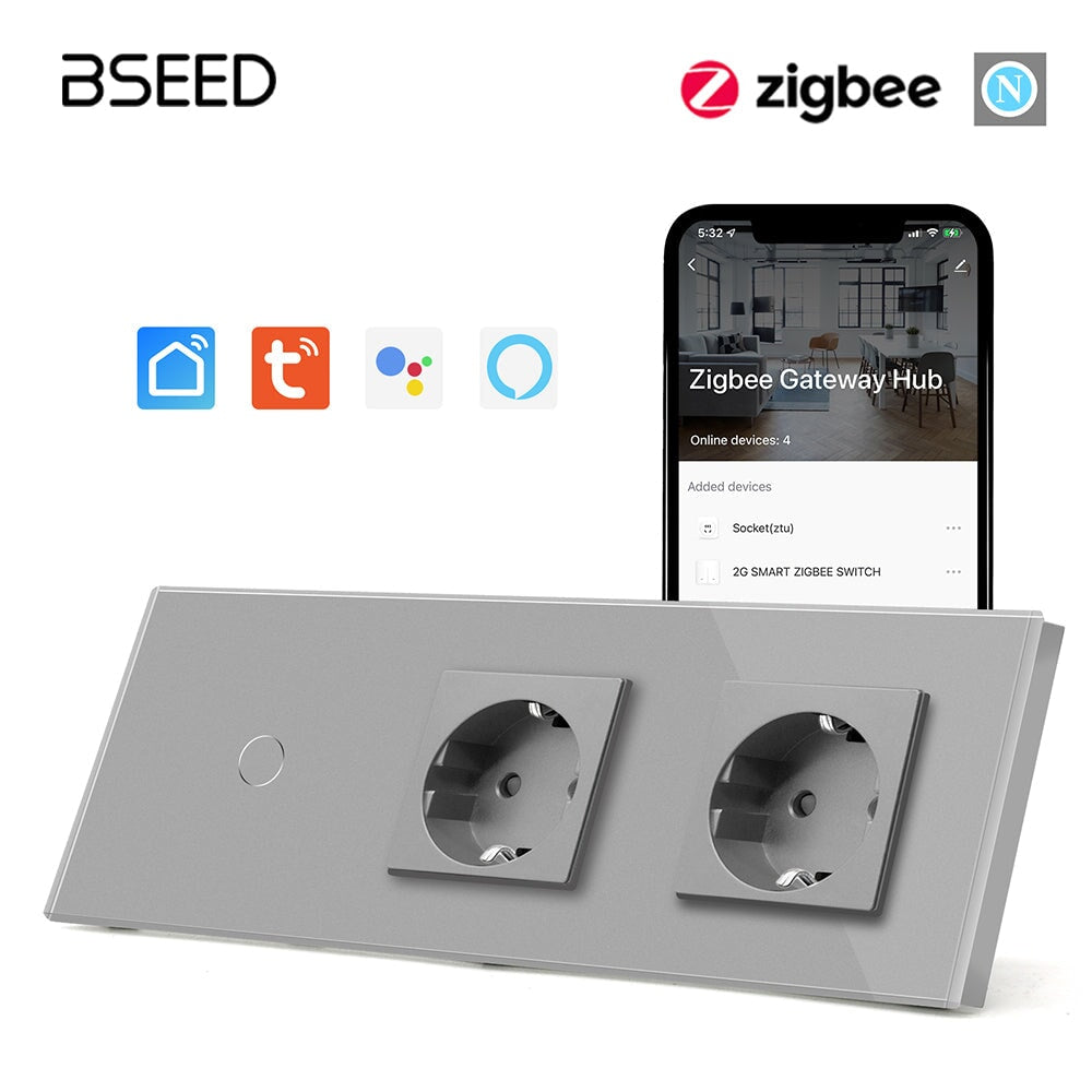 Bseed Zigbee 1/2/3 Gang Light Switches With Double Not Smart EU Standard Wall Sockets Light Switches Bseedswitch Grey 1Gang 