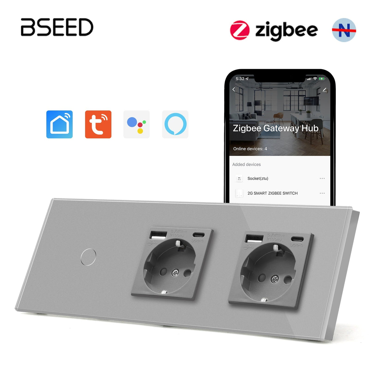 Bseed Zigbee Touch 1/2/3 Gang NO Neutral line Light Switches With Double EU Socket with USB-C Light Switches Bseedswitch Grey 1Gang 