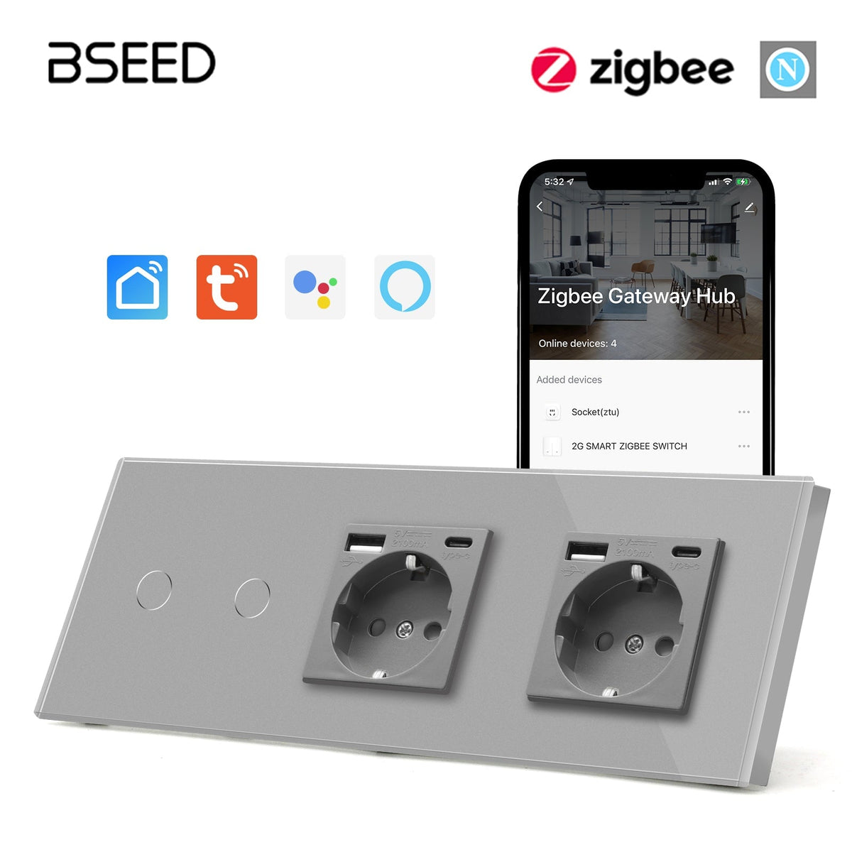 Bseed Zigbee 1/2/3 Gang Light Switches With Normal Double EU Standard Wall Sockets with USB-C Switch Bseedswitch Grey 2Gang 