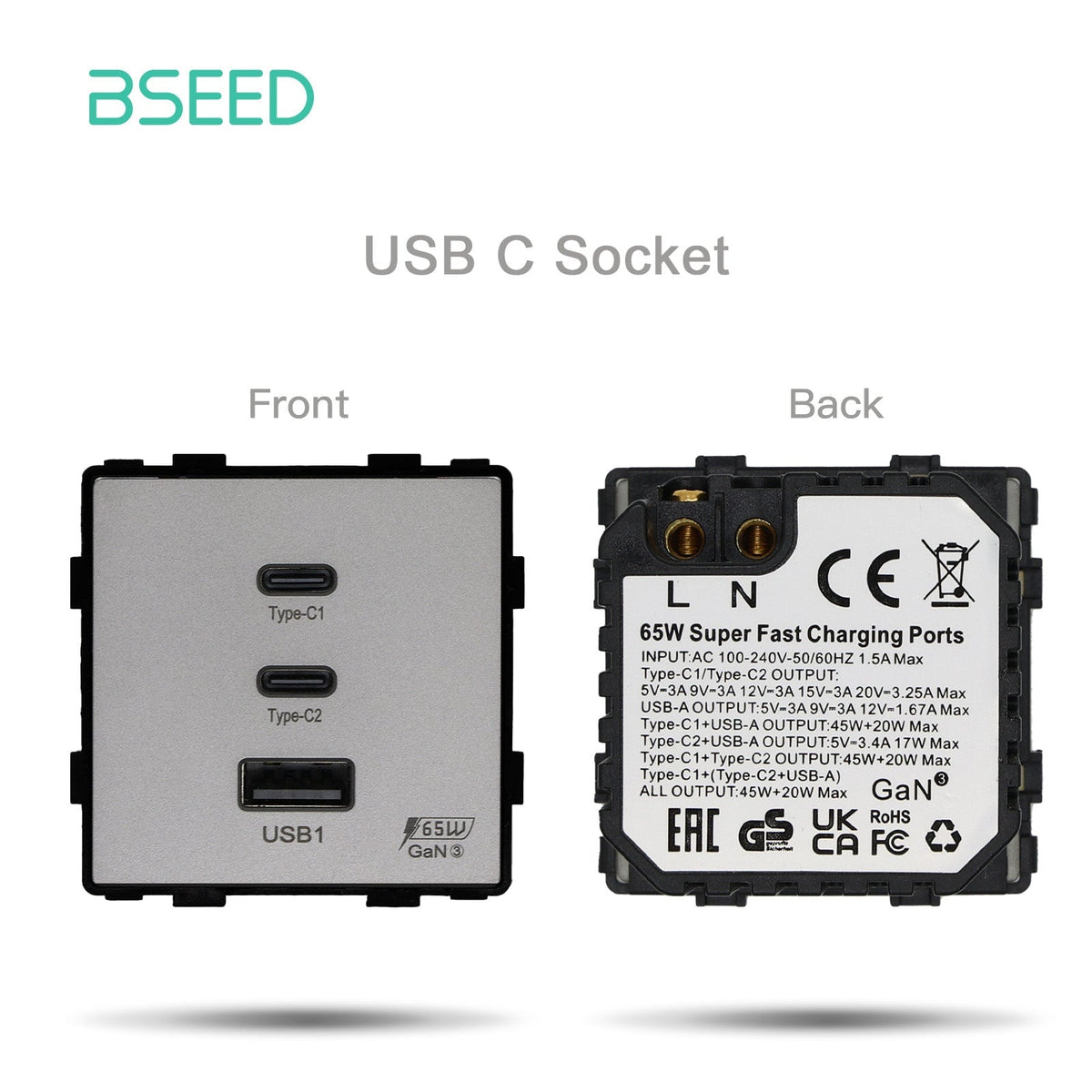 USB PC CAT5 ST Wall Plug Socket Outlets Socket Frame DIY Parts Free Combination socket Bseedswitch Grey 65W A1C2 USB-C Socket 