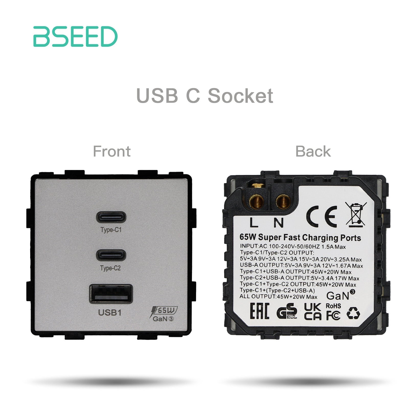 Bseed EU UK Russia Standard Plastic Socket Button Switch Function Key DIY Home Improvement Wall Plates & Covers Bseedswitch Grey 65W fast charging A1C2 socket 