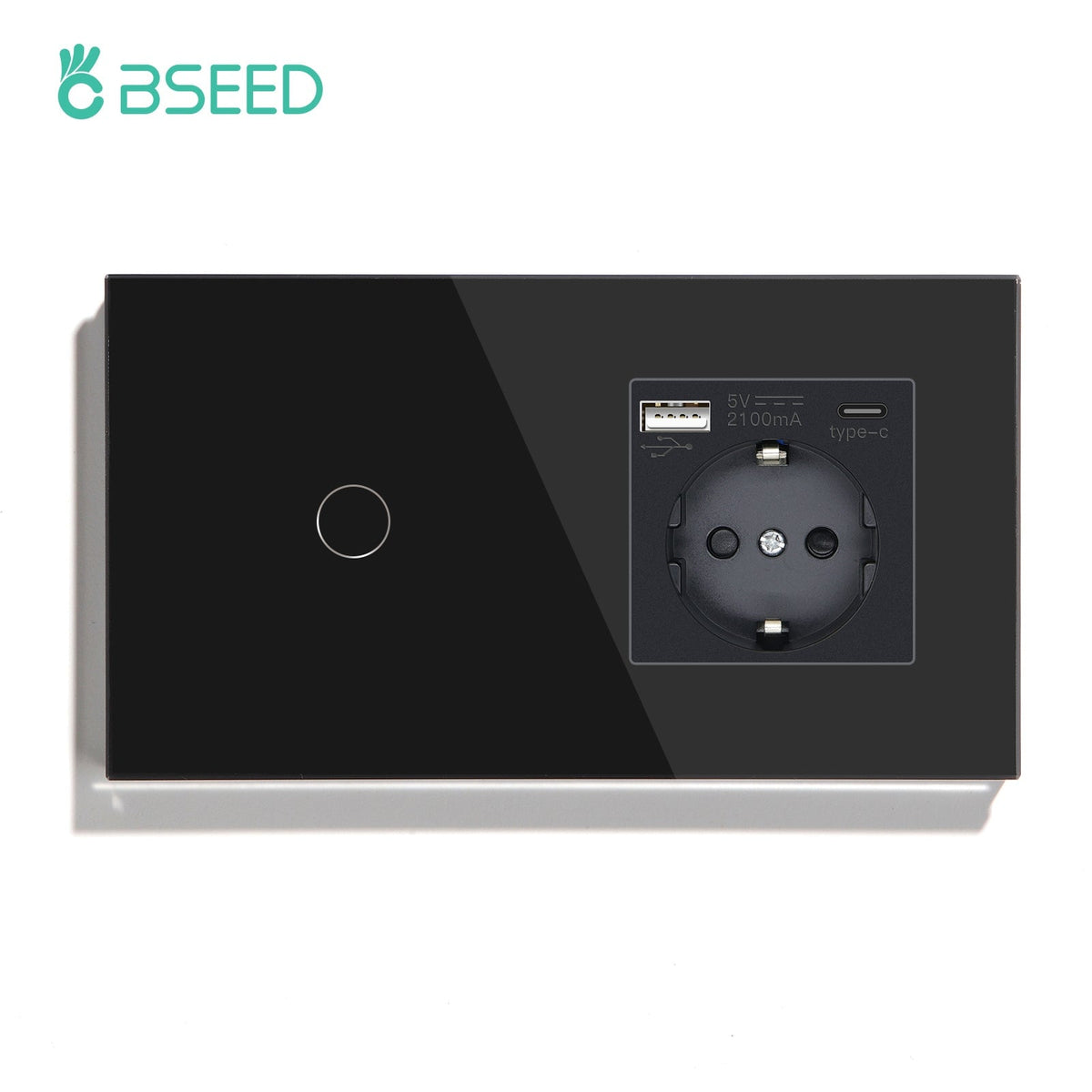 BSEED 1/2/3 Gnag 1/2/3 Way Light Switch With EU Socket With Type-C Wall Socket Power Outlets & Sockets Bseedswitch Black Touch Switch 1 Gang with Socket 1 Way