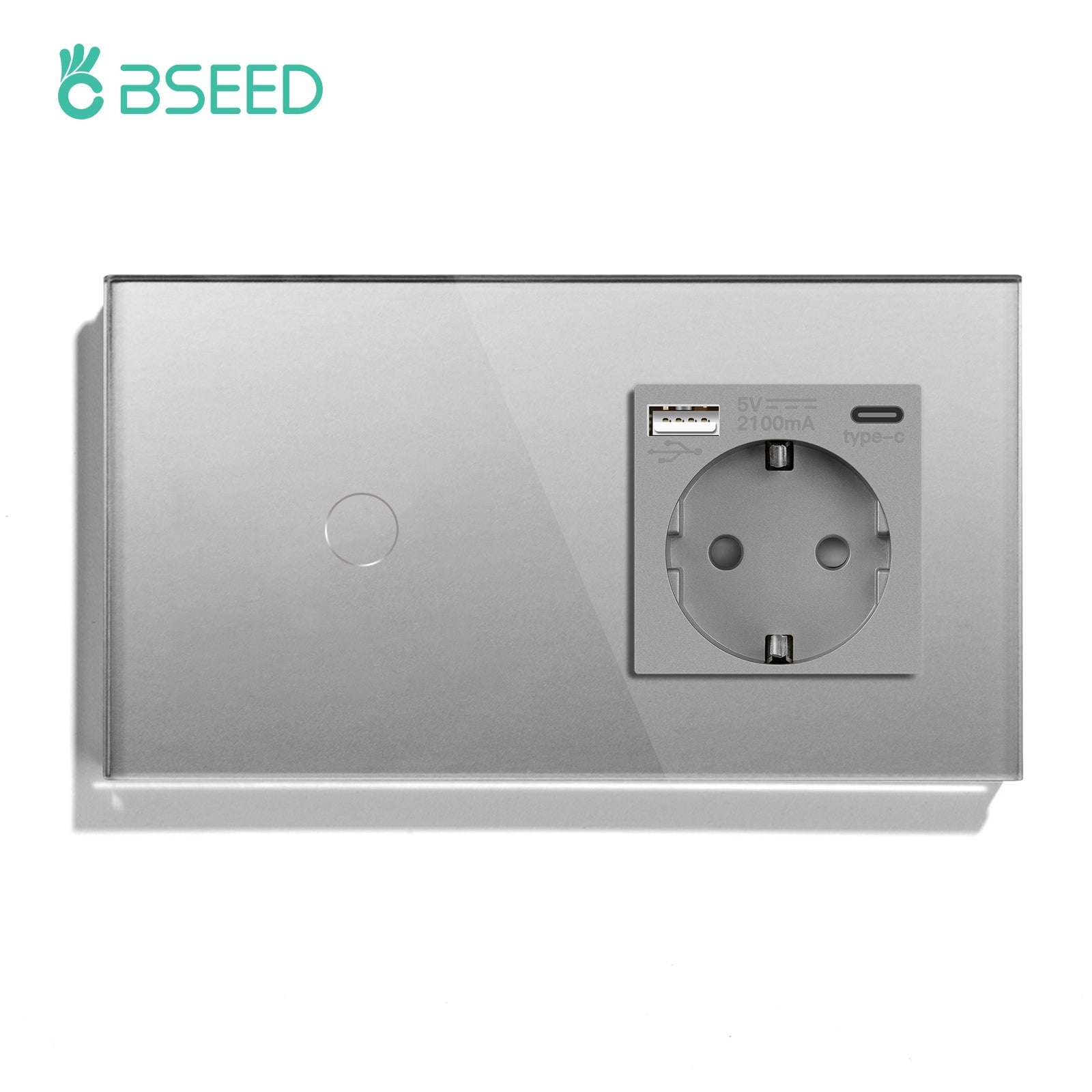 BSEED 1/2/3 Gnag 1/2/3 Way Light Switch With EU Socket With Type-C Wall Socket Power Outlets & Sockets Bseedswitch Grey Touch Switch 1 Gang with Socket 1 Way