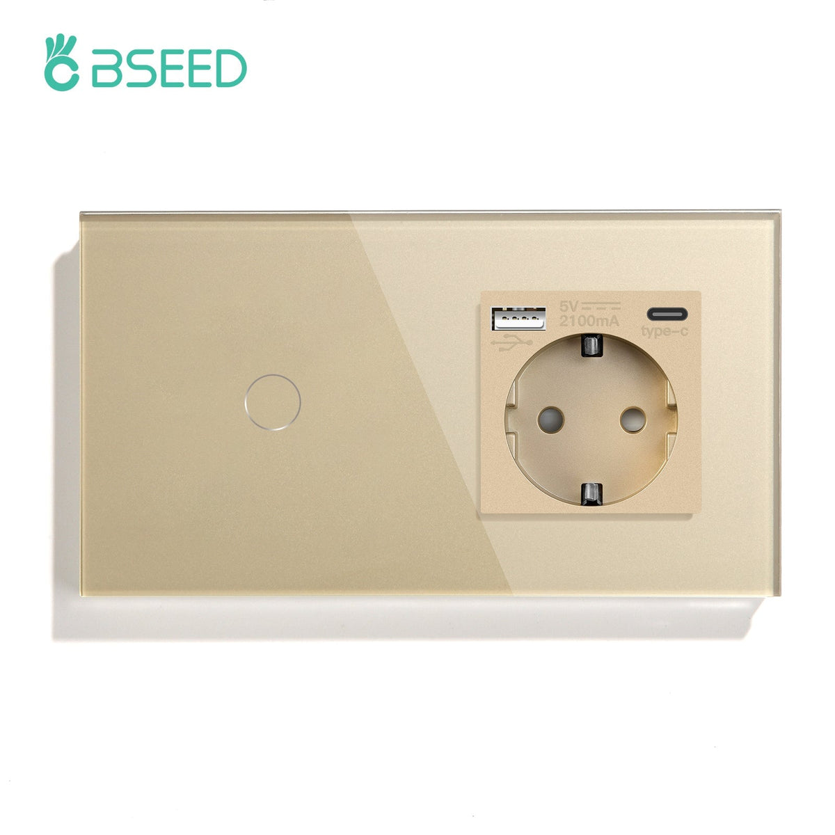 BSEED 1/2/3 Gnag 1/2/3 Way Light Switch With EU Socket With Type-C Wall Socket Power Outlets & Sockets Bseedswitch Golden Touch Switch 1 Gang with Socket 1 Way