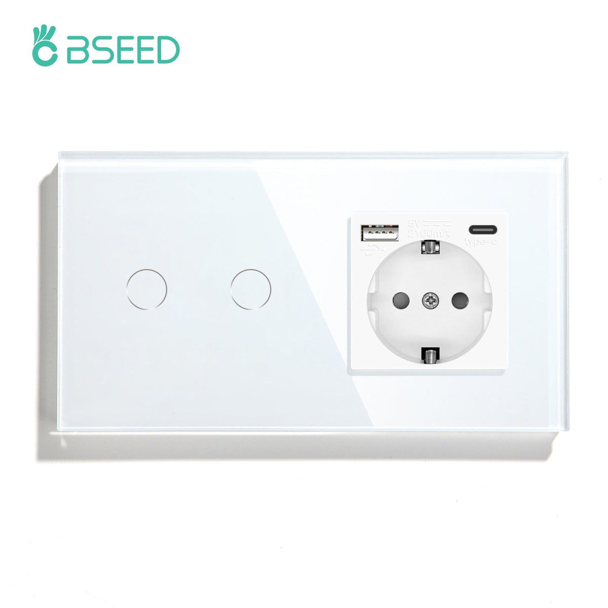 BSEED 1/2/3 Gnag 1/2/3 Way Light Switch With EU Socket With Type-C Wall Socket Power Outlets & Sockets Bseedswitch White Touch Switch 2 Gang with Socket 1 Way