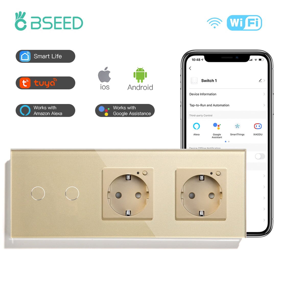 Bseed Smart WiFi 1/2/3 Gang Light Switches Multi Control With Double WiFi EU Standard Smart Wall Sockets Light Switches Bseedswitch Golden 2Gang 