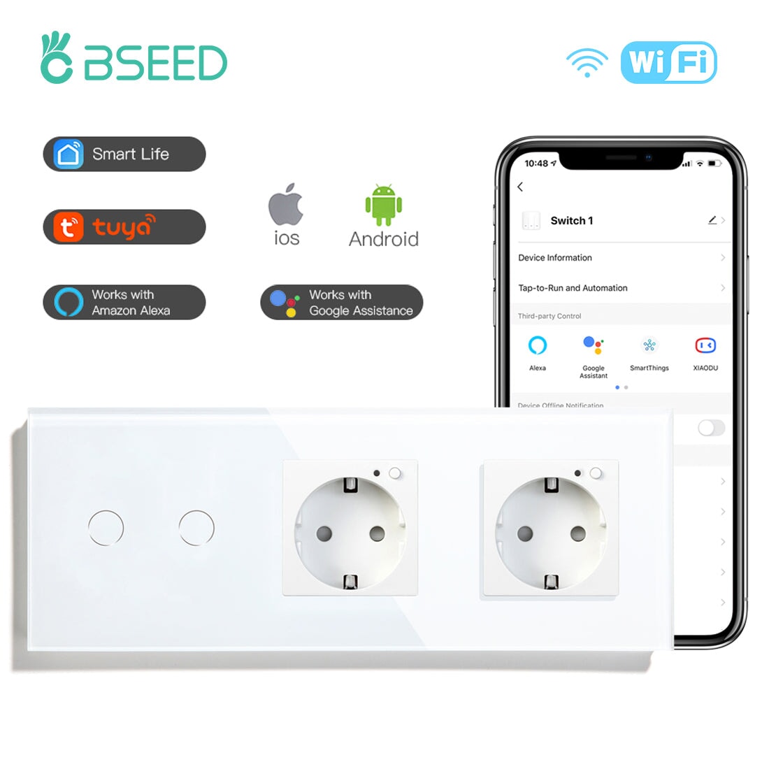 Bseed Smart WiFi 1/2/3 Gang Light Switches Multi Control With Double WiFi EU Standard Smart Wall Sockets Light Switches Bseedswitch White 2Gang 