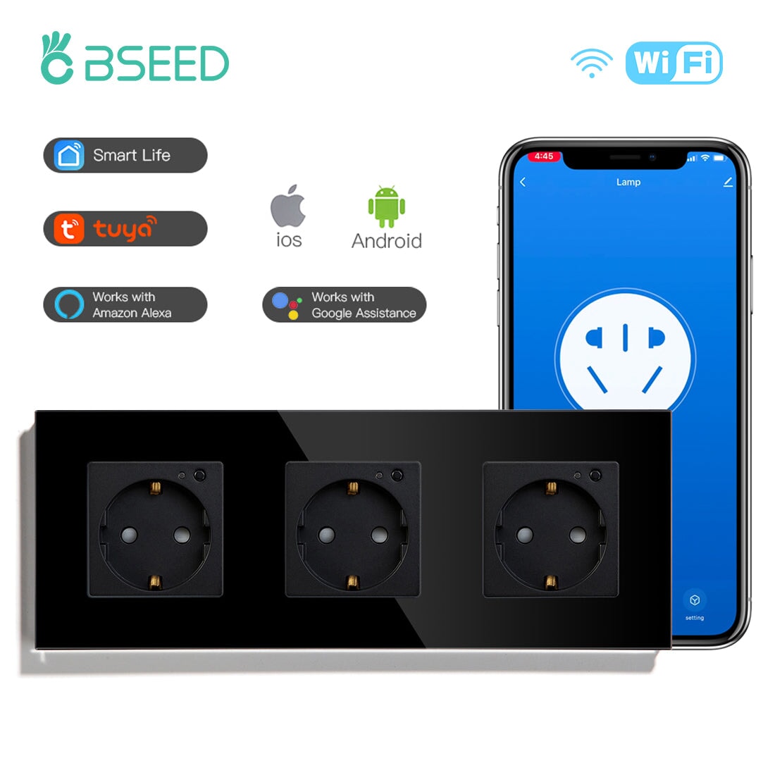 BSEED Wifi EU Wall Sockets Single Power Outlets Kids Protection Wall Plates & Covers Bseedswitch black Triple 