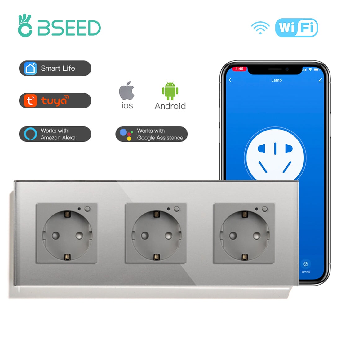 BSEED Wifi EU Wall Sockets Single Power Outlets Kids Protection Wall Plates & Covers Bseedswitch grey Triple 