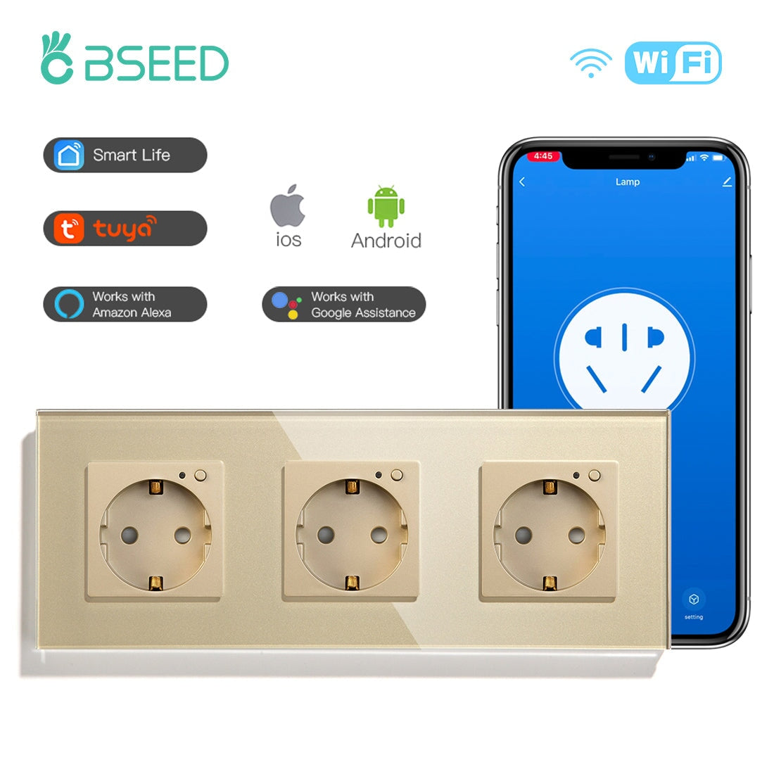 BSEED Wifi EU Wall Sockets Single Power Outlets Kids Protection Wall Plates & Covers Bseedswitch golden Triple 