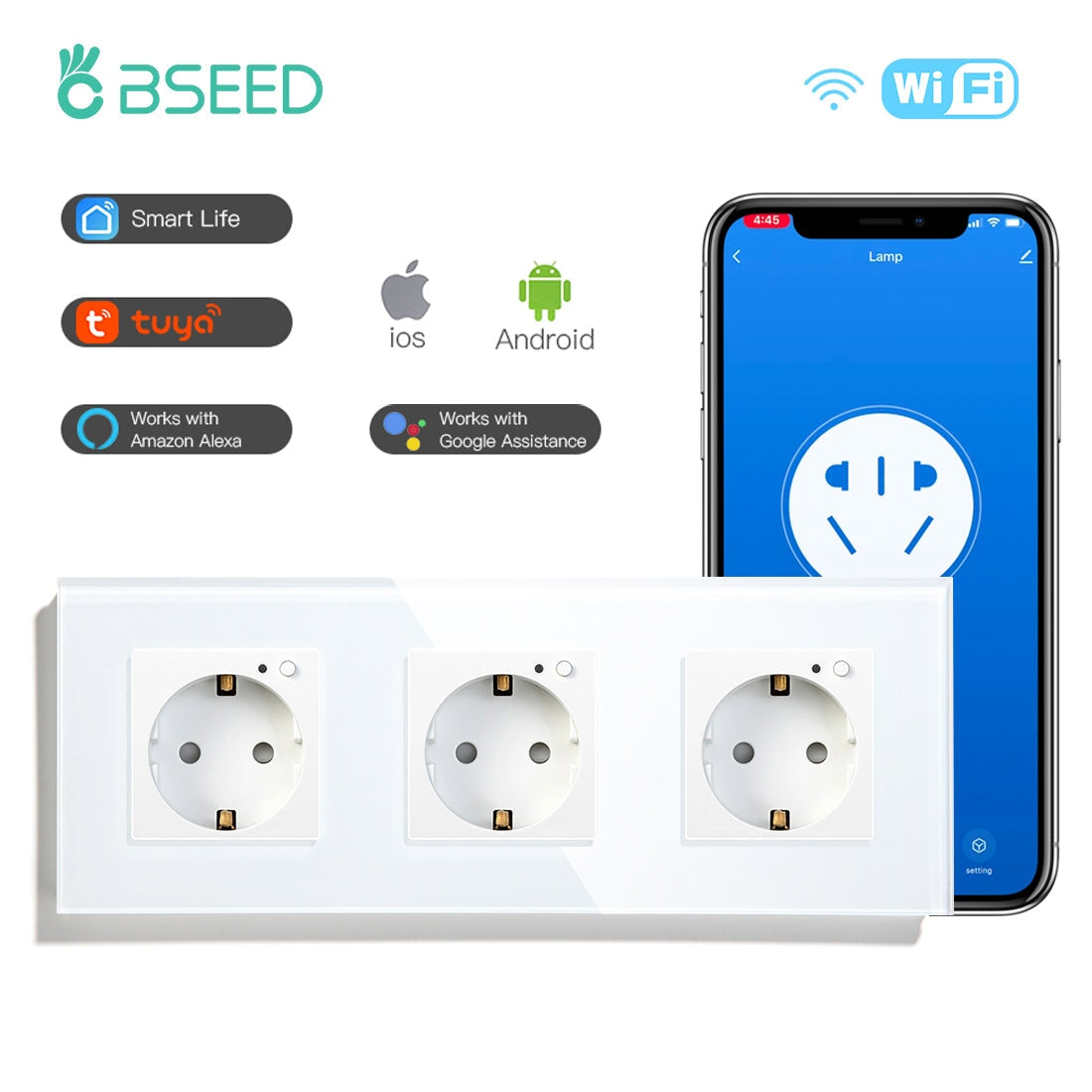 BSEED Wifi EU Wall Sockets Single Power Outlets Kids Protection Wall Plates & Covers Bseedswitch white Triple 