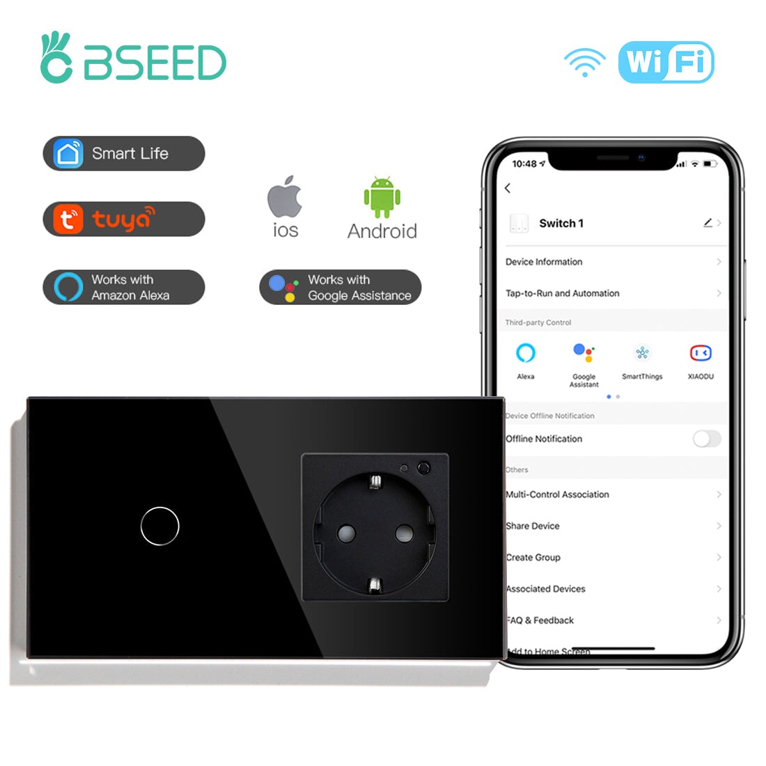 Bseed 1 Gang Smart Wifi Switch With EU Single Wifi Socket 157mm Power Outlets & Sockets Bseedswitch Black 1Gang 