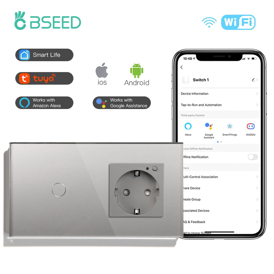 Bseed 1 Gang Smart Wifi Switch With EU Single Wifi Socket 157mm Power Outlets & Sockets Bseedswitch Grey 1Gang 