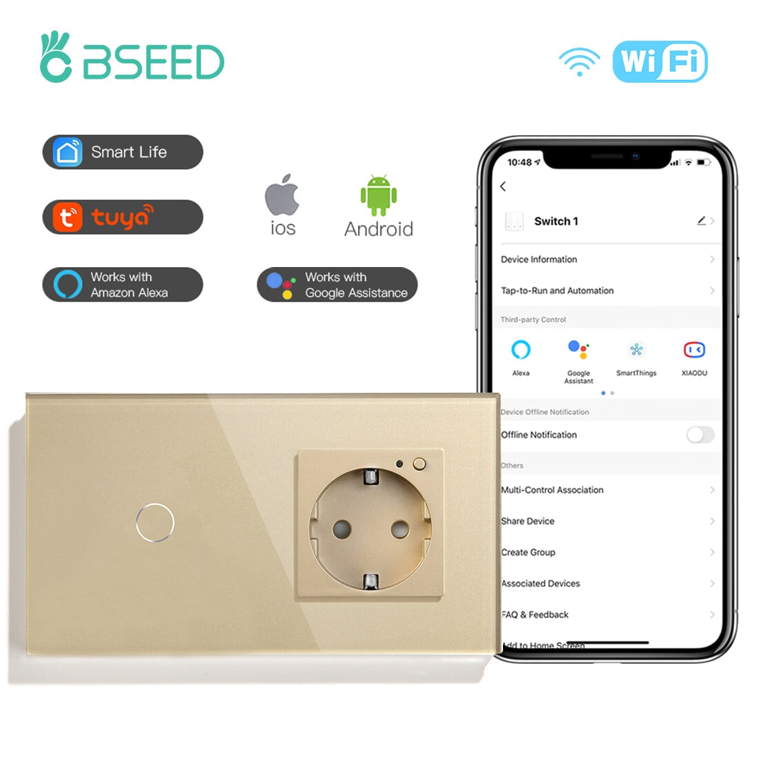 Bseed 1 Gang Smart Wifi Switch With EU Single Wifi Socket 157mm Power Outlets & Sockets Bseedswitch Golden 1Gang 