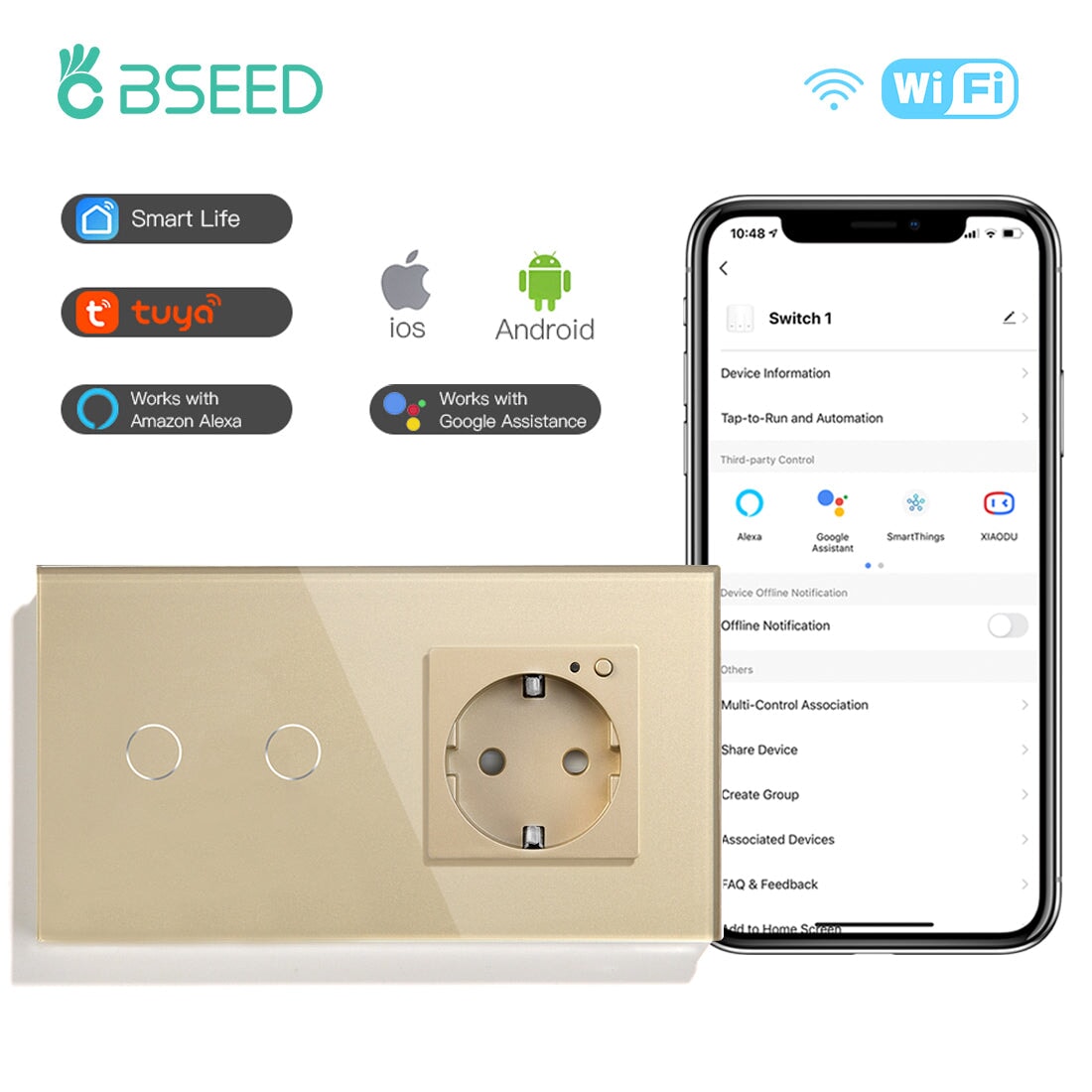 Bseed 1 Gang Smart Wifi Switch With EU Single Wifi Socket 157mm Power Outlets & Sockets Bseedswitch Golden 2Gang 