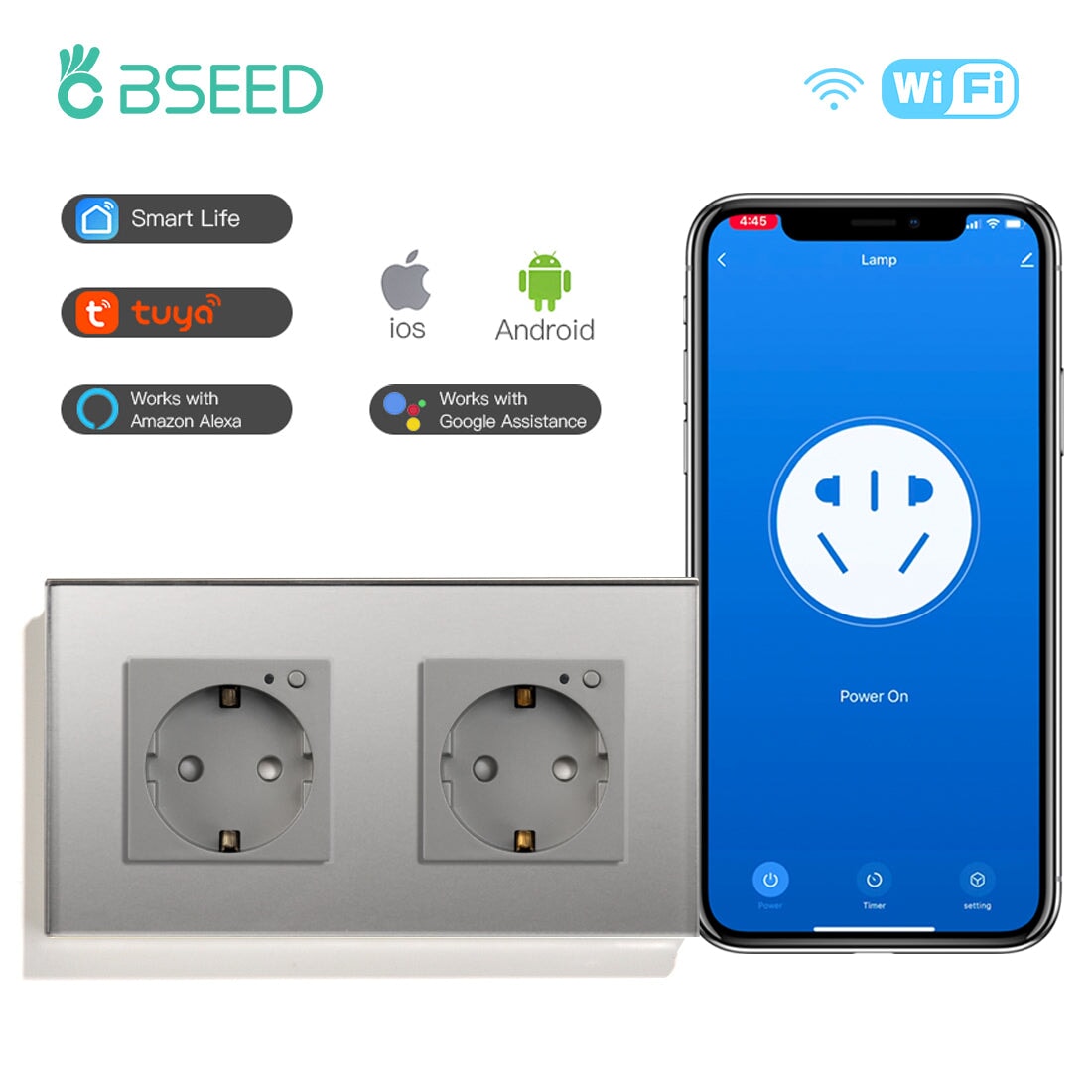 BSEED Wifi EU Wall Sockets Single Power Outlets Kids Protection Wall Plates & Covers Bseedswitch grey Double 