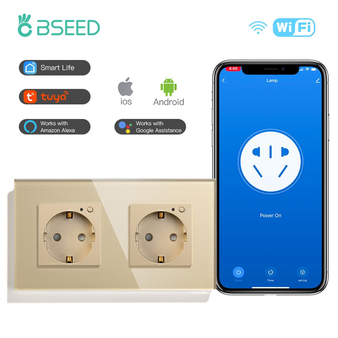 BSEED Wifi EU Wall Sockets Single Power Outlets Kids Protection Wall Plates & Covers Bseedswitch golden Double 