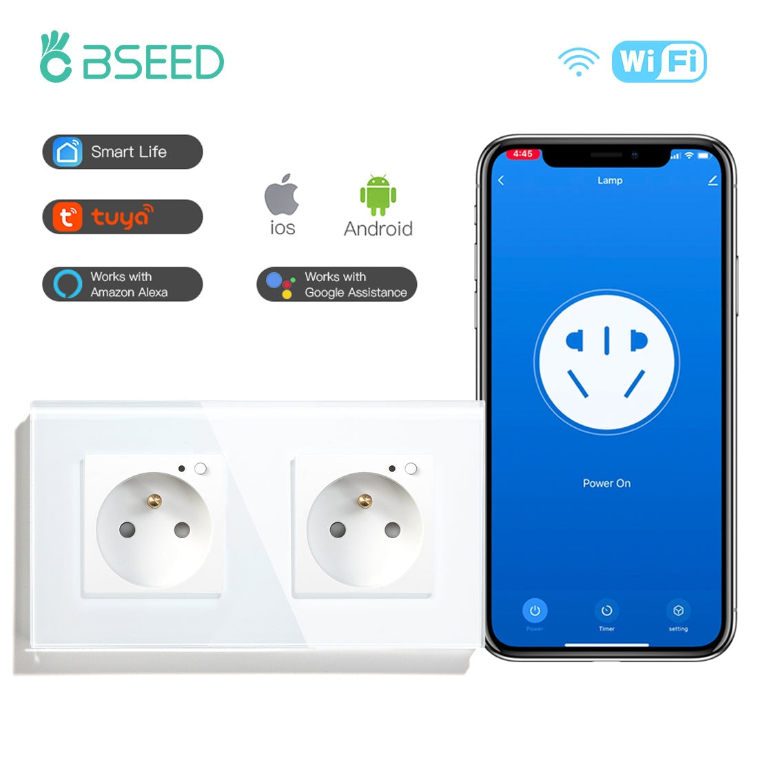 Bseed Wifi FR Standard Socket Wall Socket Power Outlets & Sockets Bseedswitch White Double 