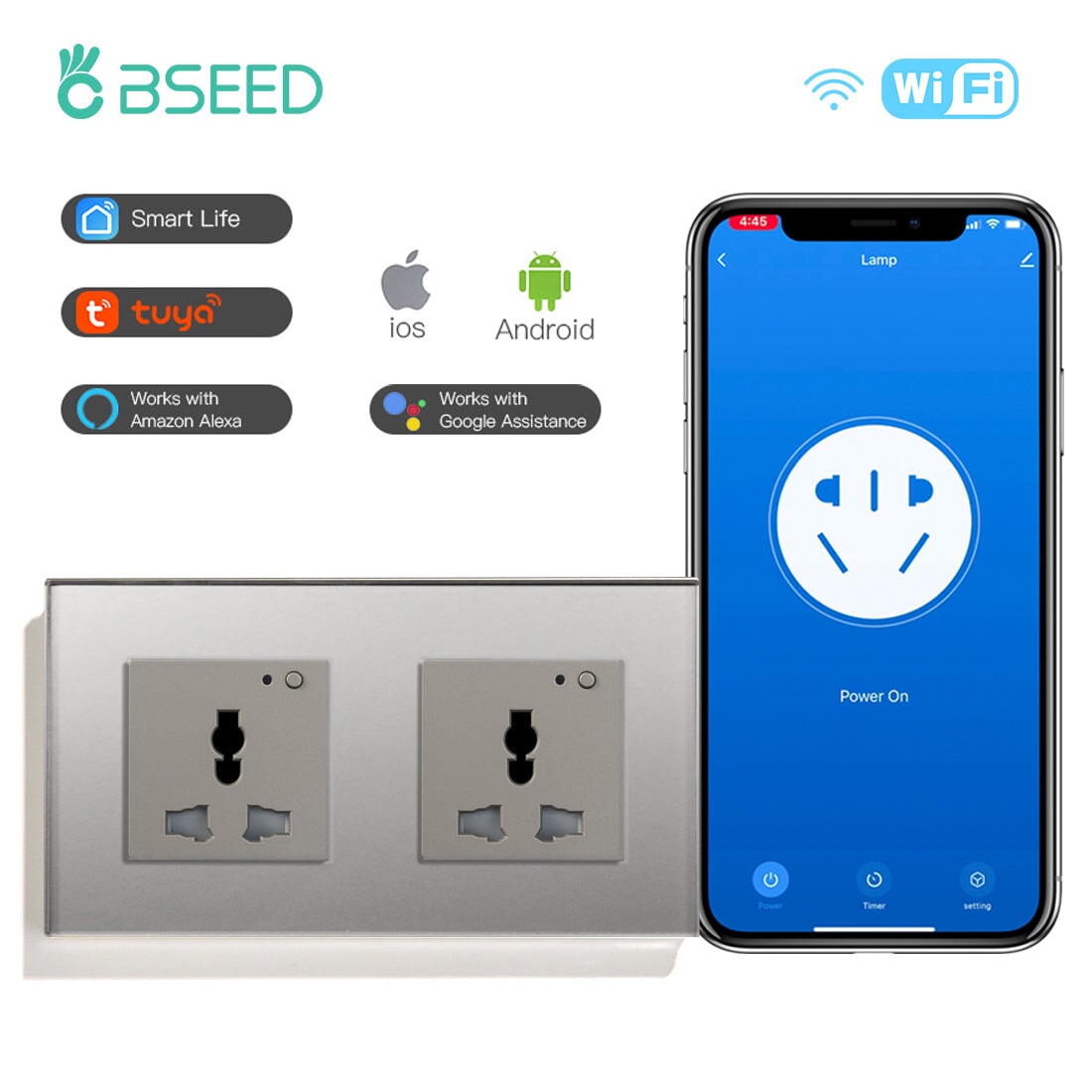 BSEED Smart WiFi Multi-Function Wall Sockets Bseedswitch Grey Double 