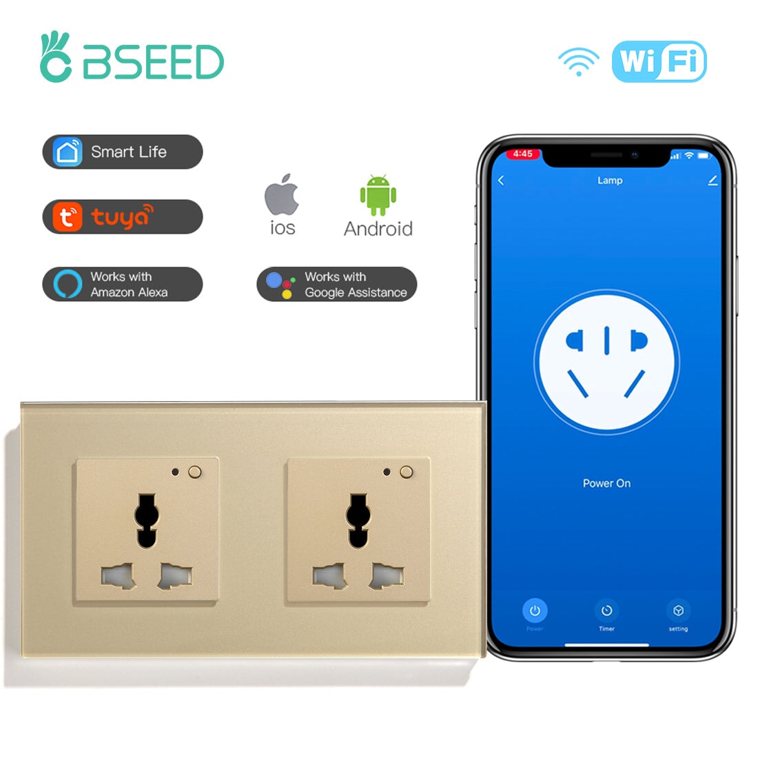 BSEED Smart WiFi Multi-Function Wall Sockets Bseedswitch Golden Double 