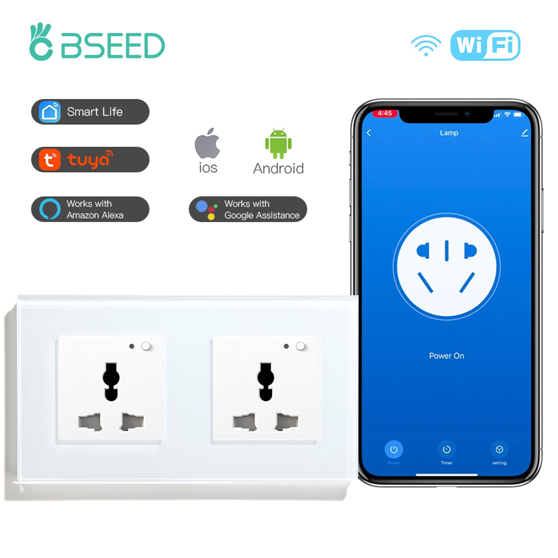 BSEED Smart WiFi Multi-Function Wall Sockets Bseedswitch White Double 