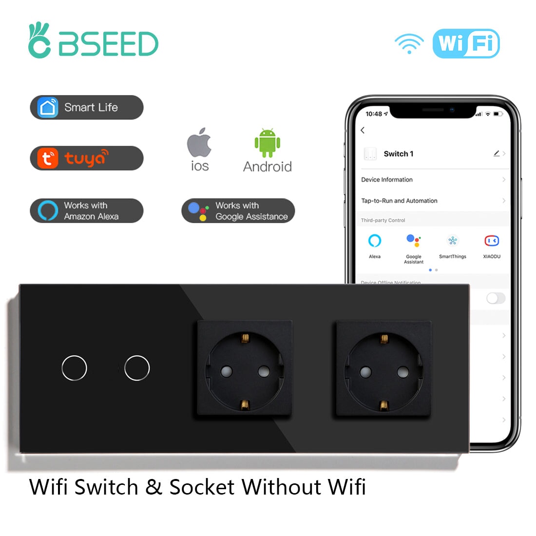 Bseed Smart WiFi 1/2/3 Gang Light Switches Multi Control With Double EU Normal Standard Wall Sockets Light Switches Bseedswitch Black 2Gang 